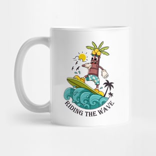 Riding the Wave, a coconut tree cartoon mascot who surfs the waves Mug